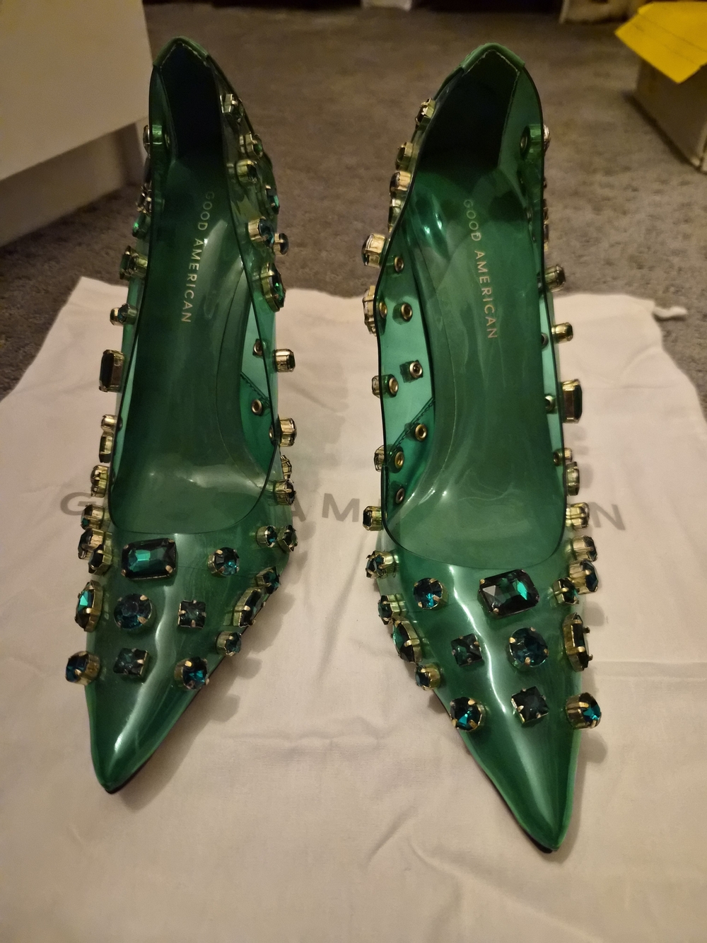 Good American Green Jeweled Pointed Toe Pumps